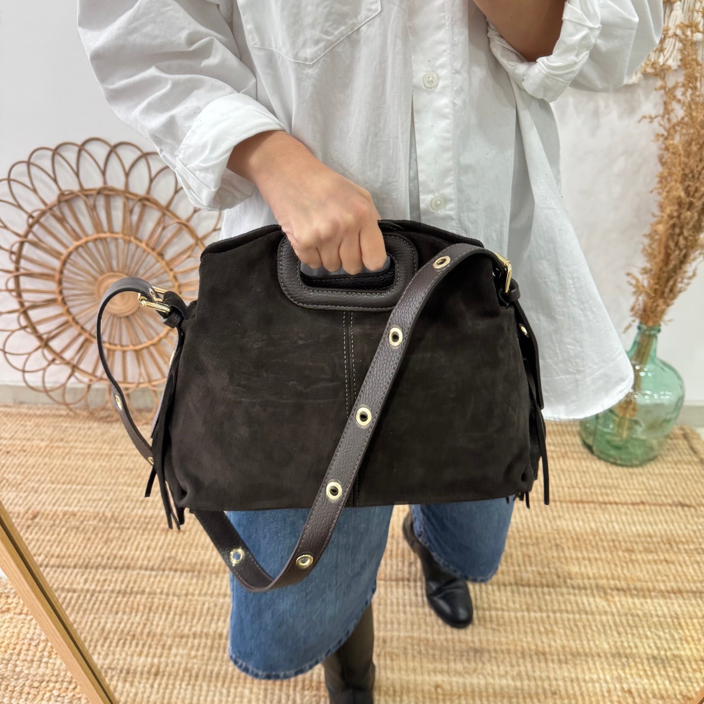 Bolso Flecos en Piel y Serraje marrón