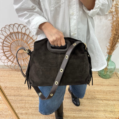 Bolso Flecos en Piel y Serraje marrón