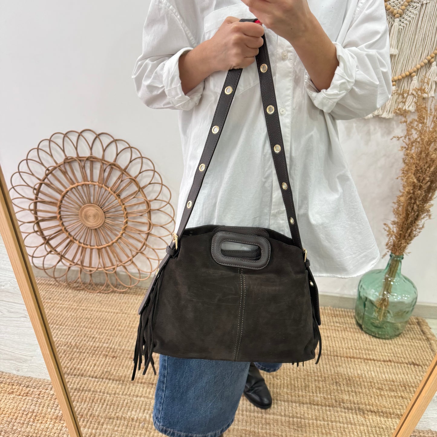 Bolso Flecos en Piel y Serraje marrón