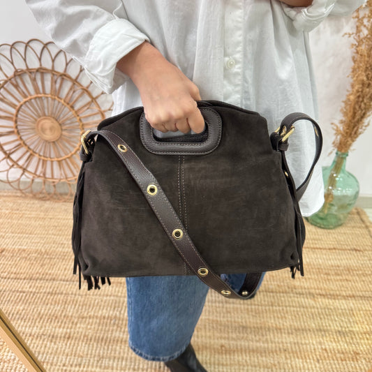 Bolso Flecos en Piel y Serraje marrón