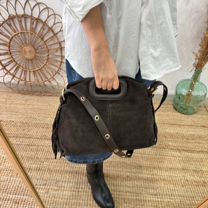 Bolso Flecos en Piel y Serraje marrón