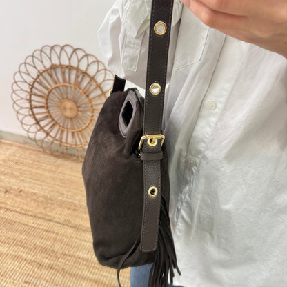 Bolso Flecos en Piel y Serraje marrón