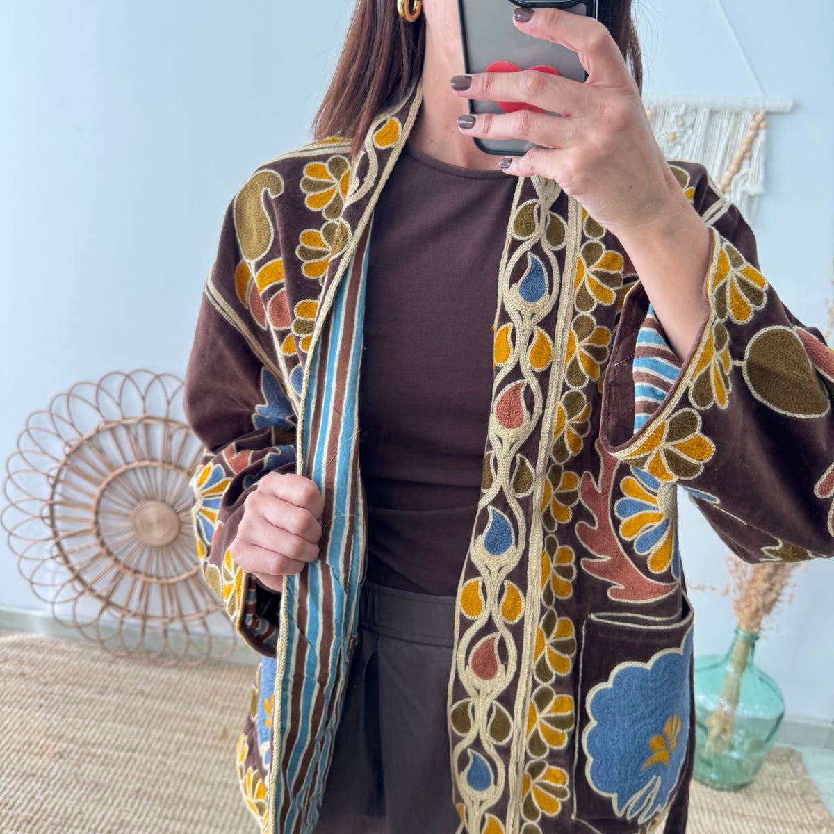 Kimono terciopelo bordados marrón