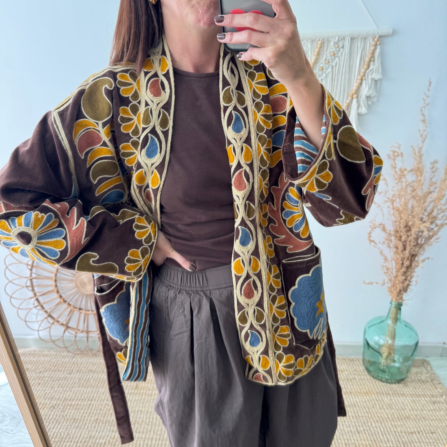 Kimono terciopelo bordados marrón