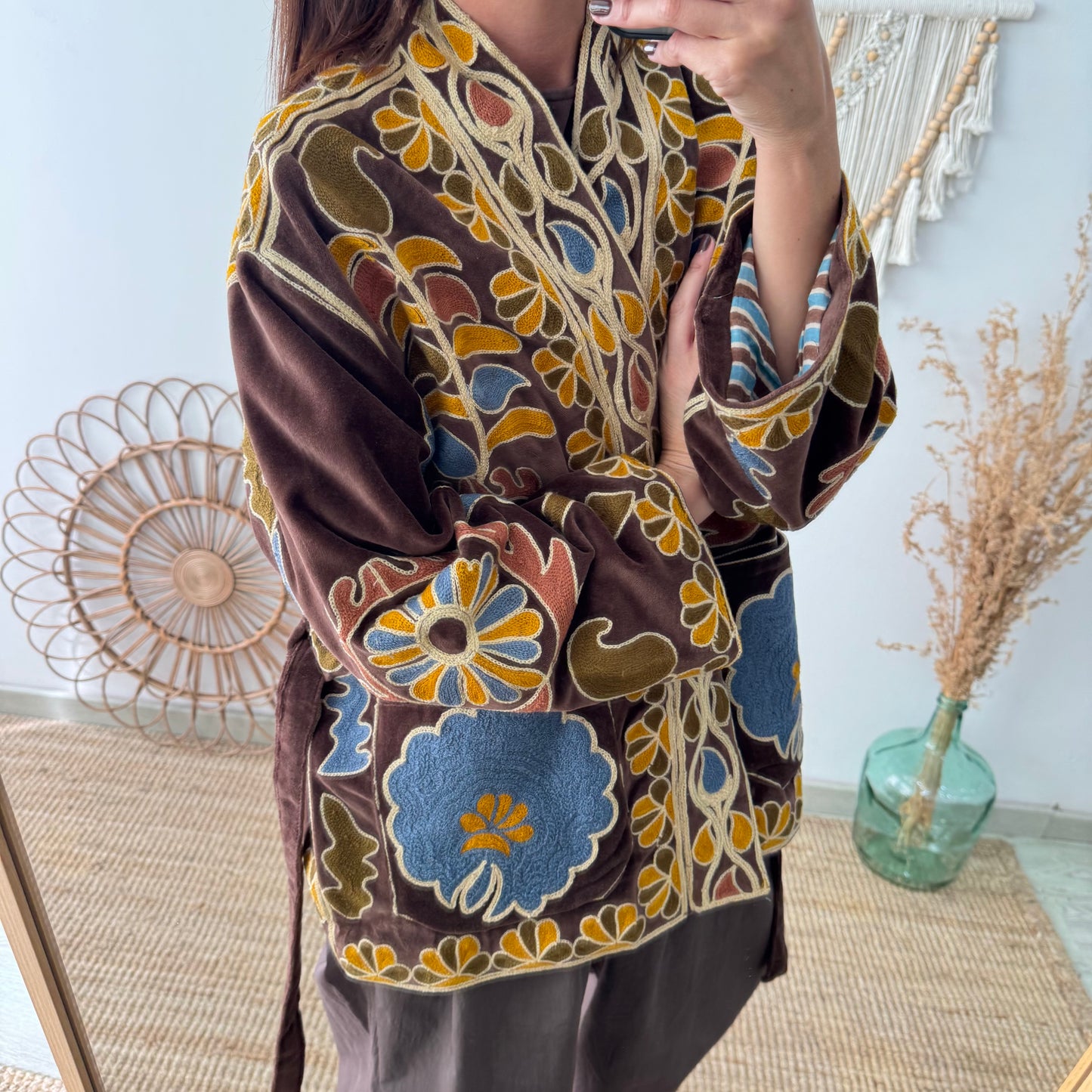 Kimono terciopelo bordados marrón