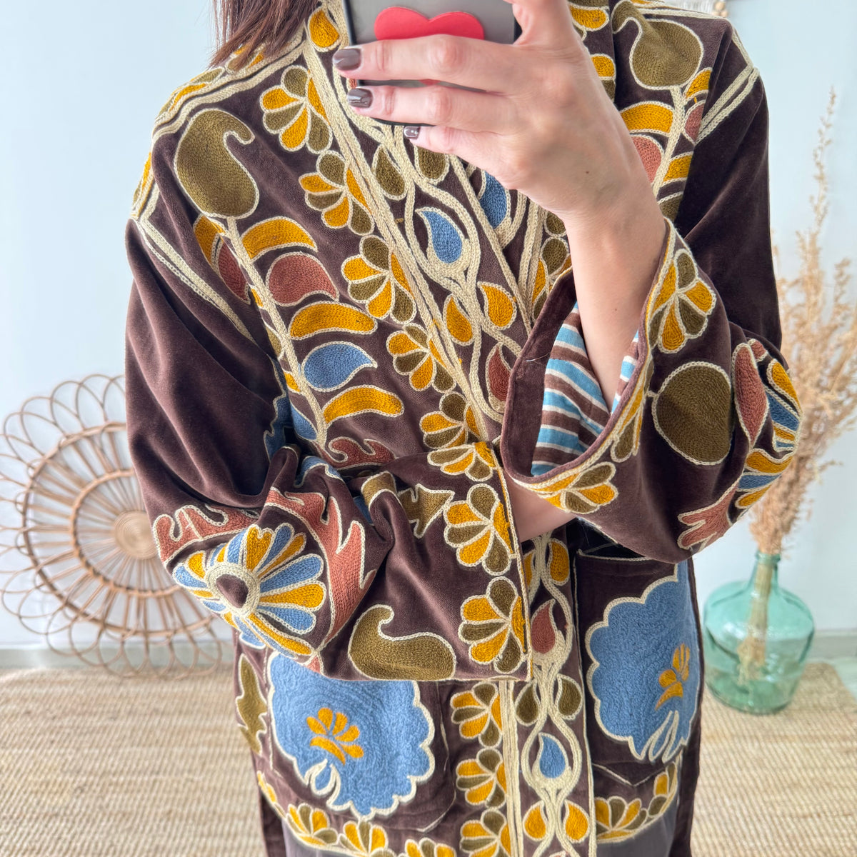 Kimono terciopelo bordados marrón