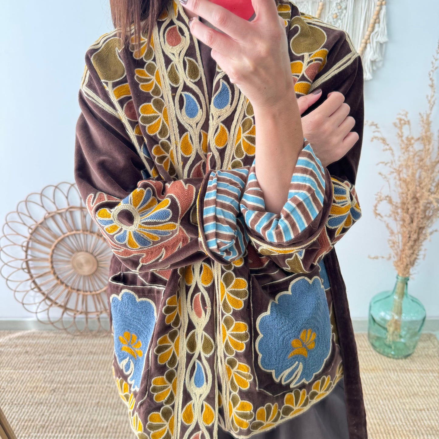 Kimono terciopelo bordados marrón