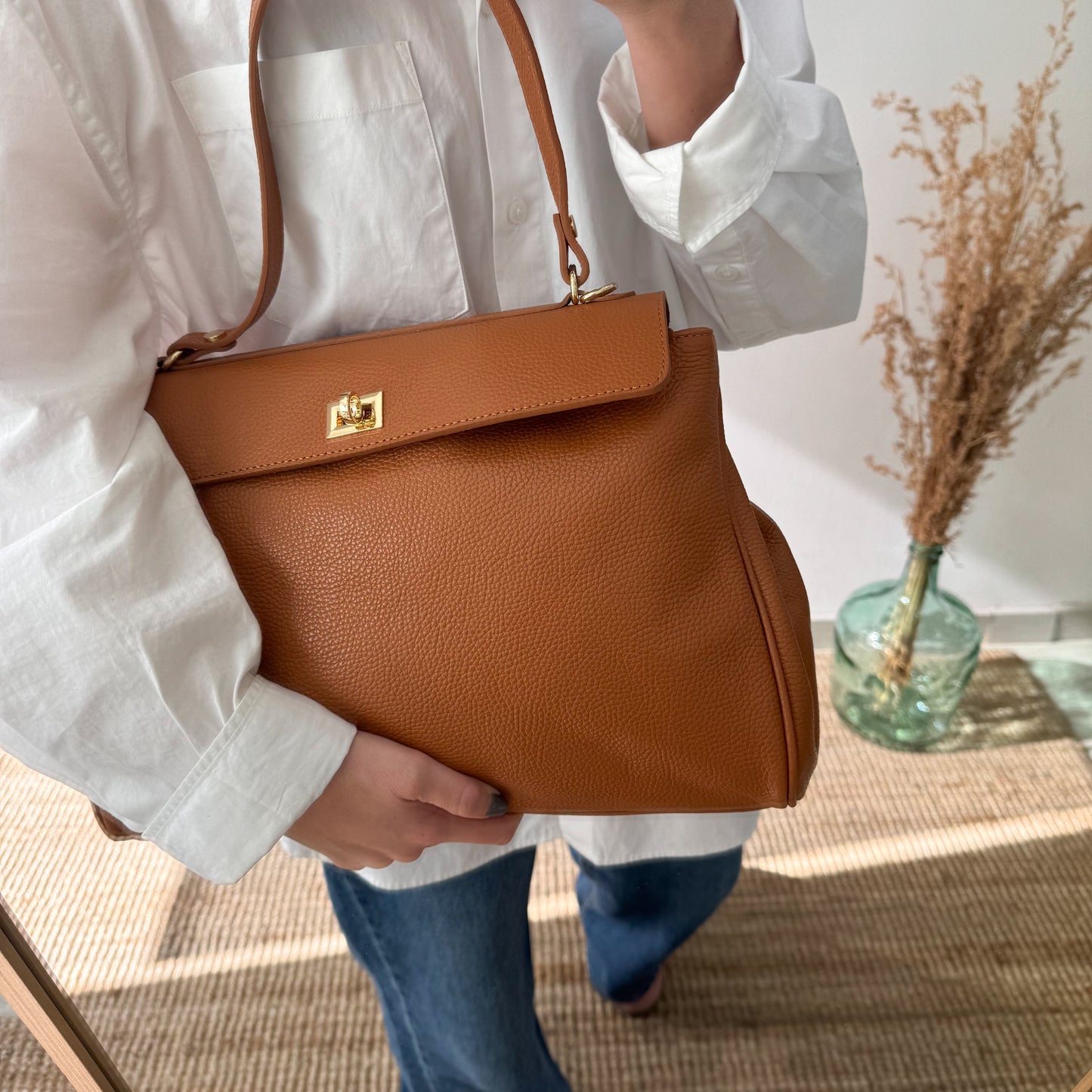 Bolso tote cierres piel camel