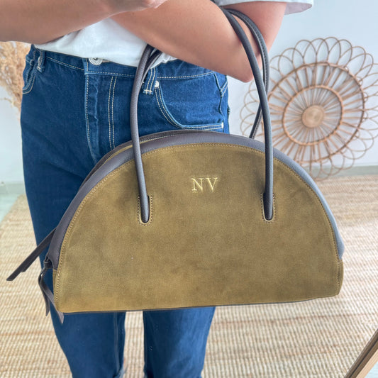 Bolso Bowling serraje y piel caqui