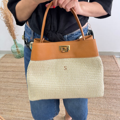 Bolso tote rafia y piel camel iniciales bordadas