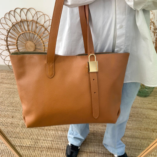 Bolso shopper candado piel camel