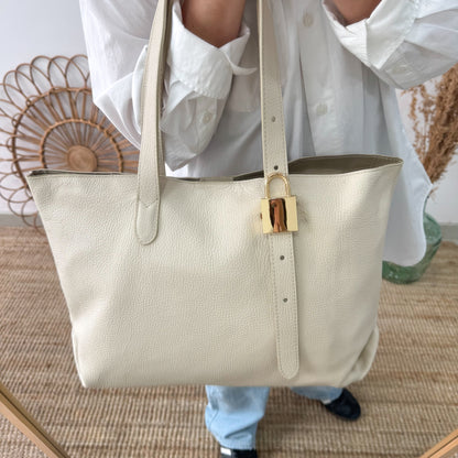 Bolso shopper candado piel beige