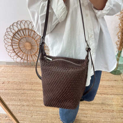 Bolso saco en piel trenzada cremallera marrón