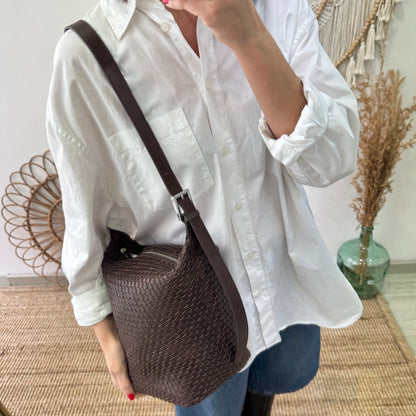 Bolso saco en piel trenzada cremallera marrón