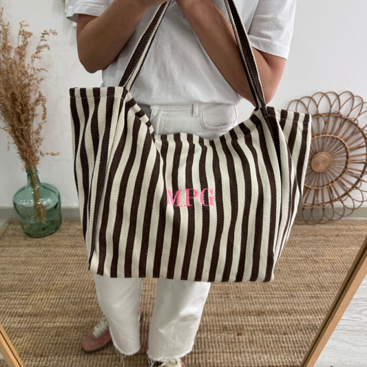 Bolsa loneta rayas marrones iniciales bordadas - Bubbleshopbcn