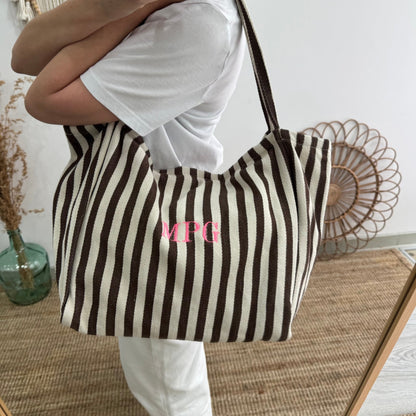 Bolsa loneta rayas marrones iniciales bordadas - Bubbleshopbcn