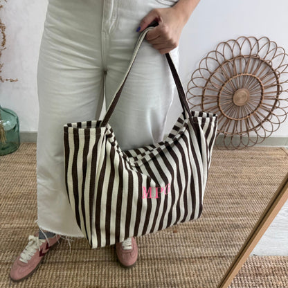 Bolsa loneta rayas marrones iniciales bordadas - Bubbleshopbcn