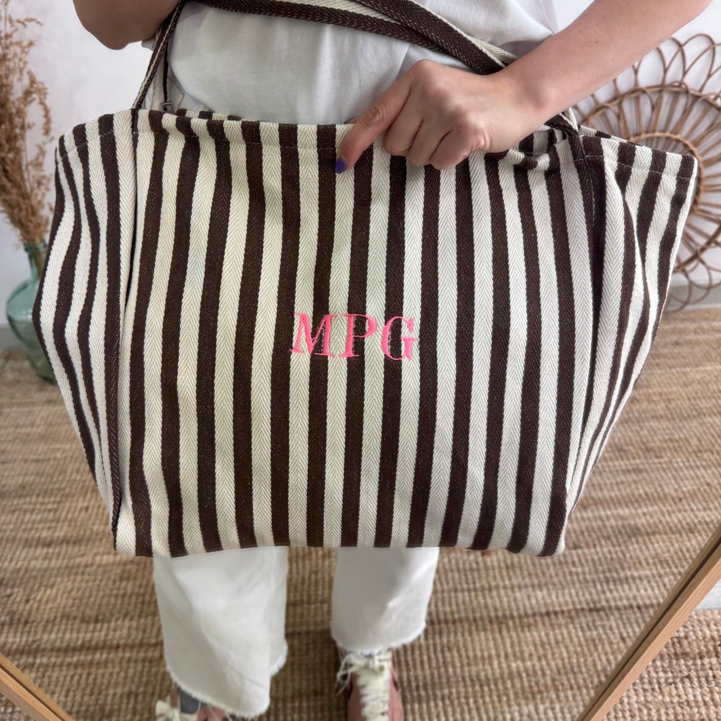 Bolsa loneta rayas marrones iniciales bordadas - Bubbleshopbcn