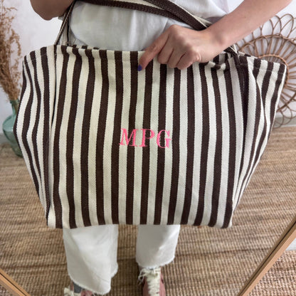 Bolsa loneta rayas marrones iniciales bordadas - Bubbleshopbcn