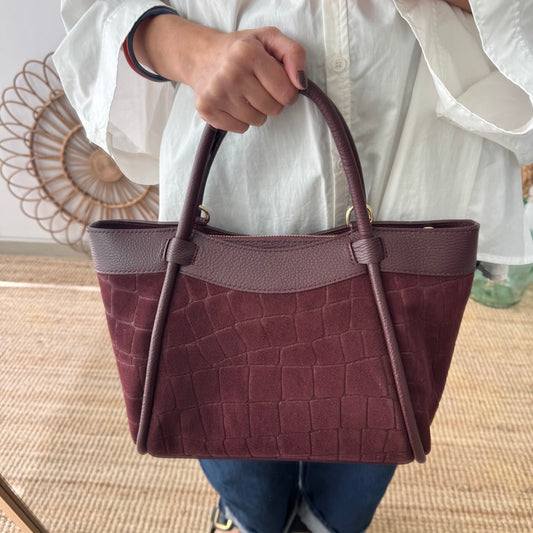 Bolso trapecio serraje y piel granate