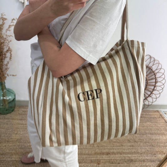 Bolsa loneta rayas taupe iniciales bordadas - Bubbleshopbcn