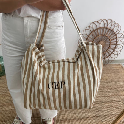 Bolsa loneta rayas taupe iniciales bordadas - Bubbleshopbcn