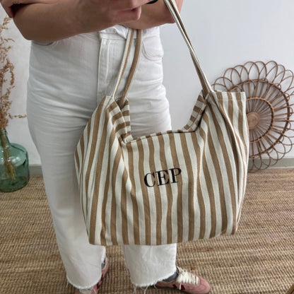 Bolsa loneta rayas taupe iniciales bordadas - Bubbleshopbcn