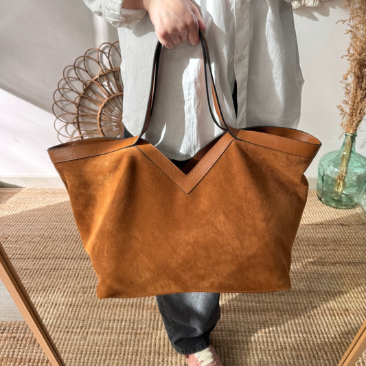 Bolso shopper combinado piel y serraje camel