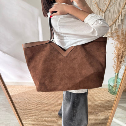 Bolso shopper combinado piel y serraje marrón
