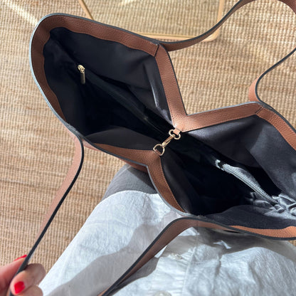 Bolso shopper combinado piel y serraje marrón