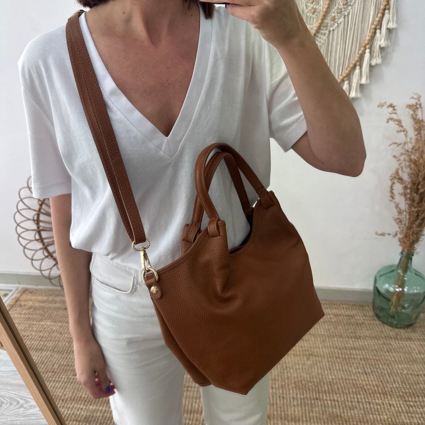 Bolso saca mediana camel oscuro piel - Bubbleshopbcn