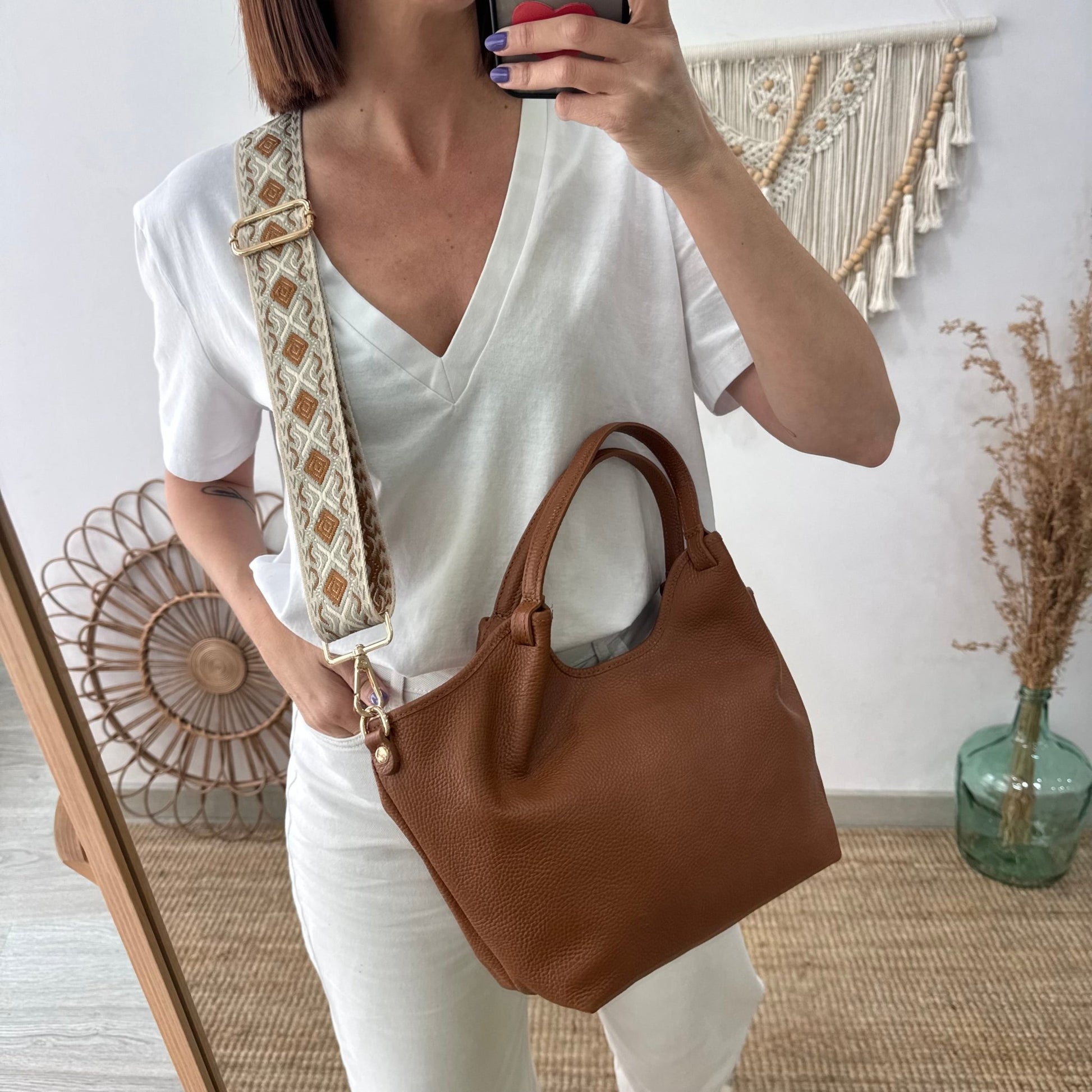 Bolso saca mediana camel oscuro piel - Bubbleshopbcn