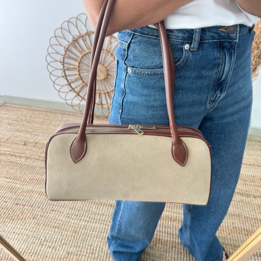 Bolso rectangular serraje y piel camel