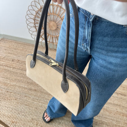 Bolso rectangular serraje y piel marrón