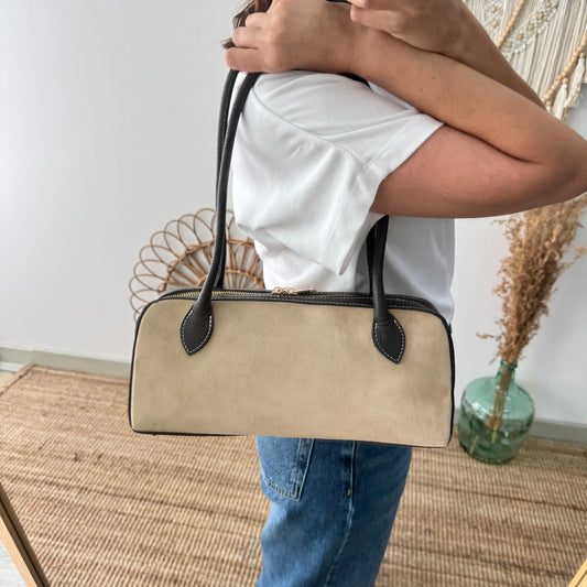 Bolso rectangular serraje y piel marrón