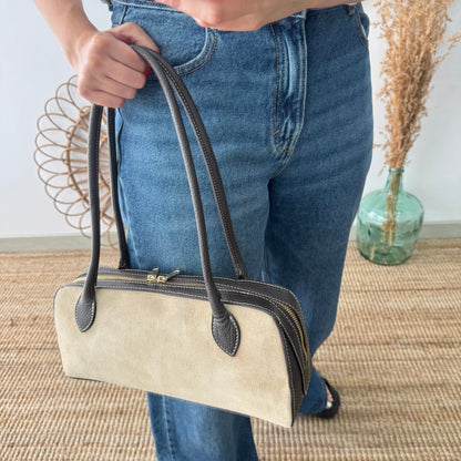 Bolso rectangular serraje y piel marrón