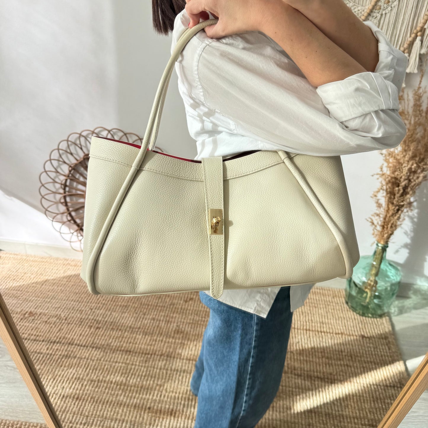 Bolso shopping piel beige