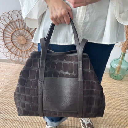 Bolso shopper bolsillo serraje y piel marrón chocolate