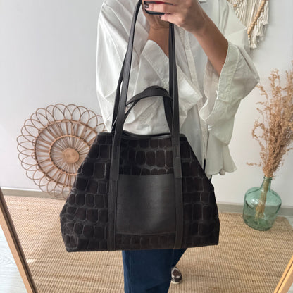 Bolso shopper bolsillo serraje y piel marrón chocolate