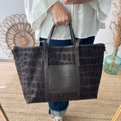 Bolso shopper bolsillo serraje y piel marrón chocolate