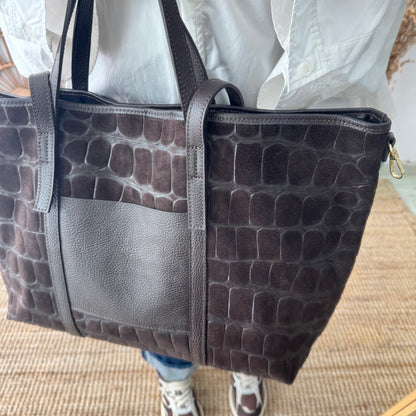Bolso shopper bolsillo serraje y piel marrón chocolate