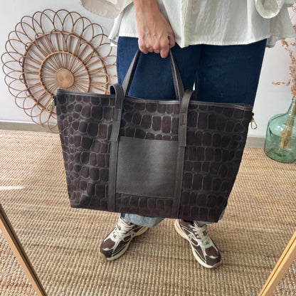 Bolso shopper bolsillo serraje y piel marrón chocolate