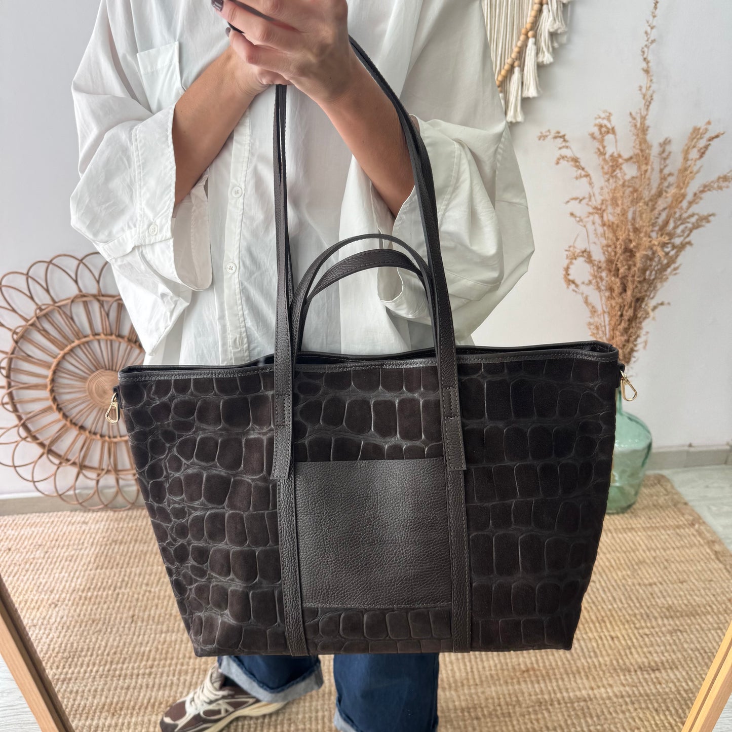 Bolso shopper bolsillo serraje y piel marrón chocolate