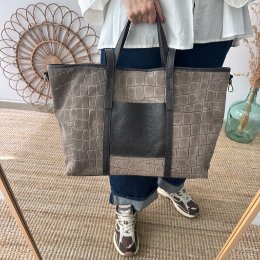 Bolso shopper bolsillo serraje y piel taupe