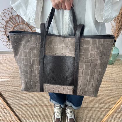 Bolso shopper bolsillo serraje y piel taupe
