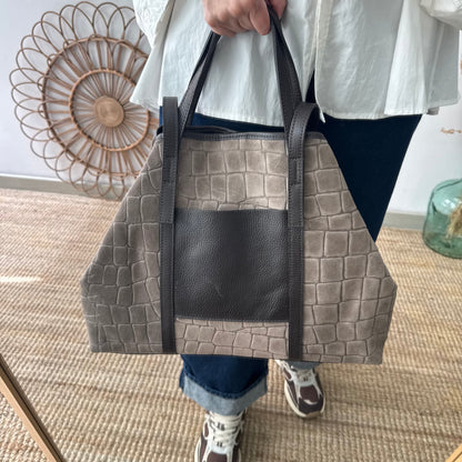 Bolso shopper bolsillo serraje y piel taupe