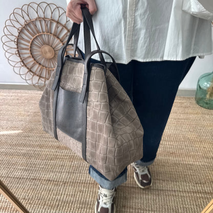 Bolso shopper bolsillo serraje y piel taupe