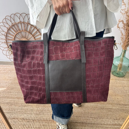 Bolso shopper bolsillo serraje y piel granate