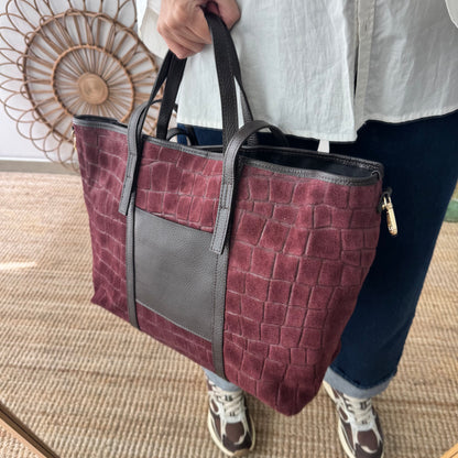 Bolso shopper bolsillo serraje y piel granate