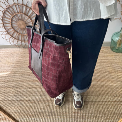 Bolso shopper bolsillo serraje y piel granate